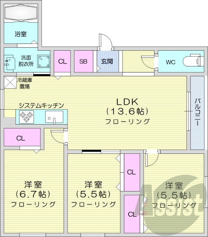 3LDK、ガスリミット、エアコン、ペット飼育相談可能