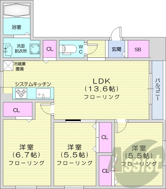 3LDK、ガスリミット、エアコン、ペット飼育相談可能