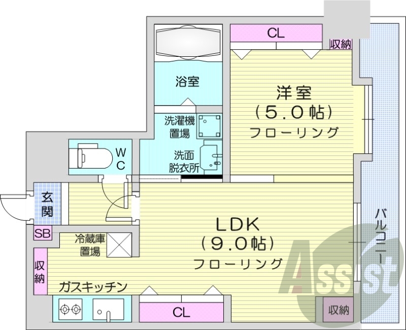 1LDK、都市ガス、追い焚き、エアコン、システムキッチン