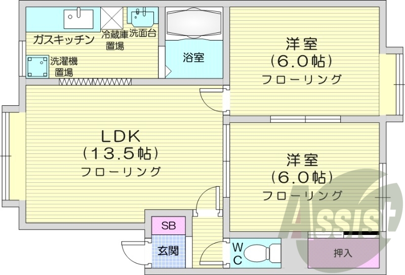 2LDK、独立洗面台、灯油暖房、モニター付きインターホン