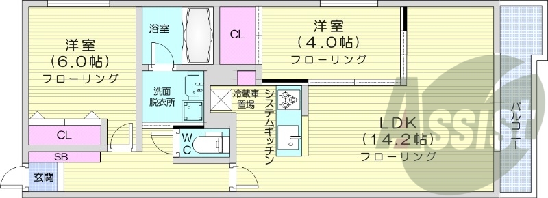 2LDK、都市ガス、エアコン、追い焚き、浴室乾燥機