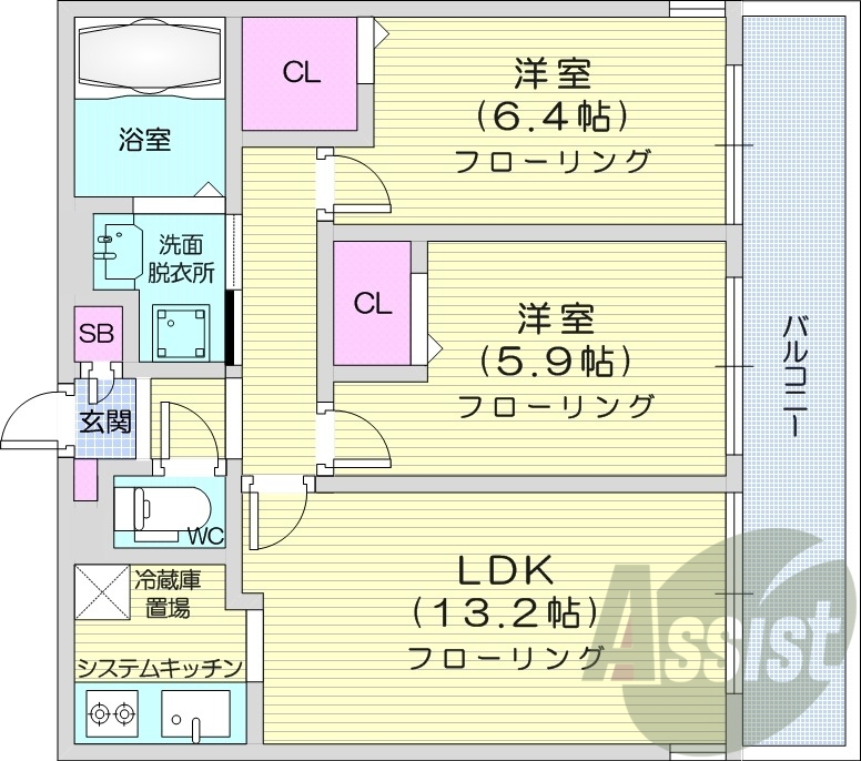 2LDK、エアコン、浴室乾燥機、システムキッチン、追い焚き