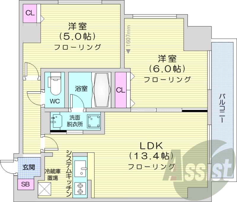 1LDK、エアコン、浴室乾燥機、システムキッチン