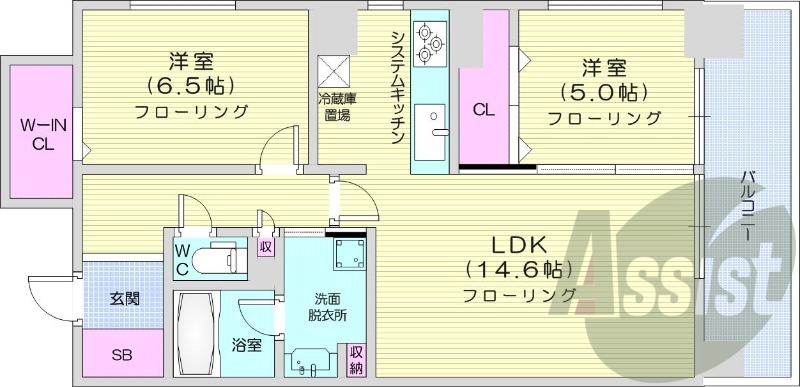 2LDK、オートロック、システムキッチン、