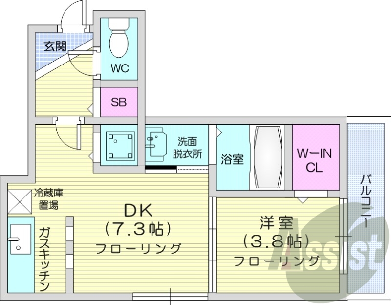 1DK、都市ガス、灯油暖房、モニタ付インターホン、バルコニー