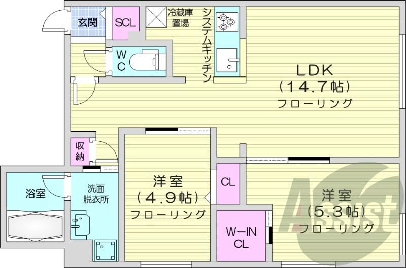 2LDK、都市ガス、エアコン、システムキッチン