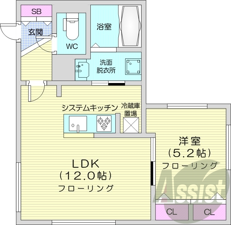 1LDK、都市ガス、エアコン、システムキッチン