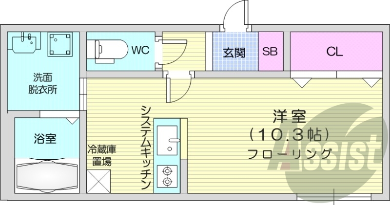 1K、エアコン、独立洗面台、灯油暖房、システムキッチン、