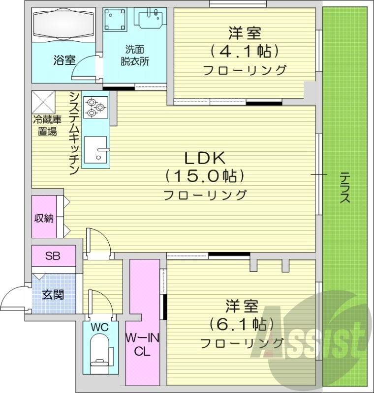 2LDK、都市ガス、エアコン、システムキッチン
