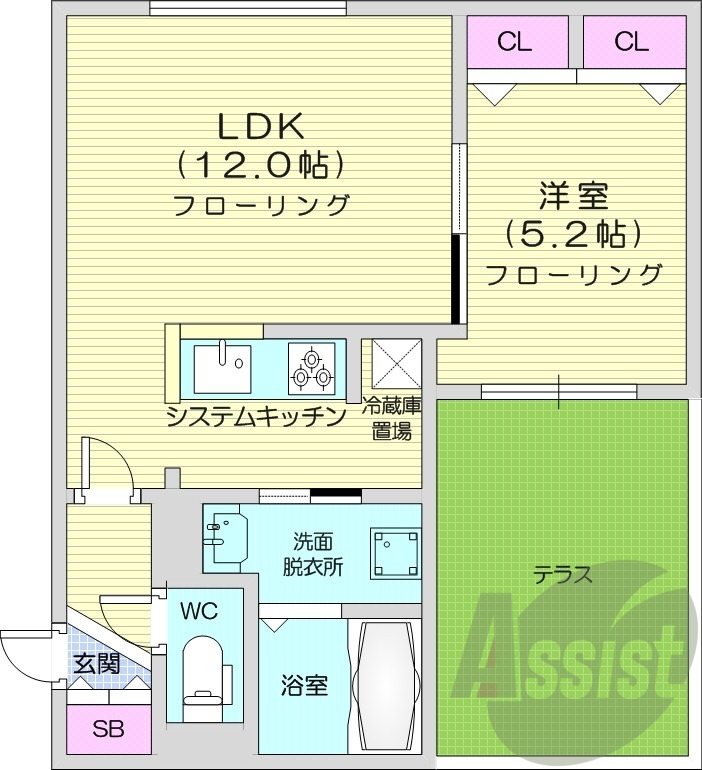 1LDK、都市ガス、エアコン、システムキッチン