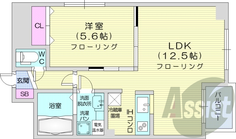 1LDK、角部屋、システムキッチン、バストイレ別
