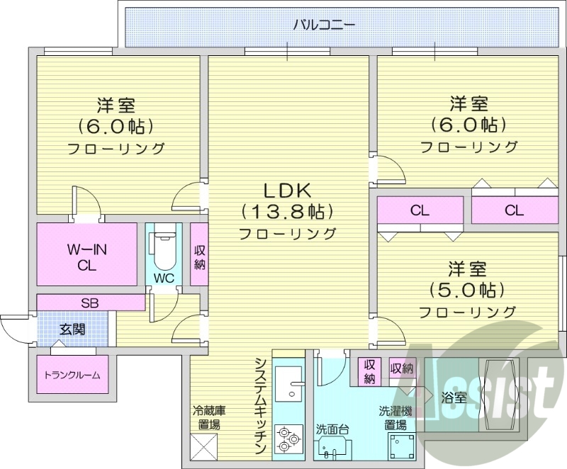 3LDK、追い焚き、エアコン、浴室乾燥機、システムキッチン