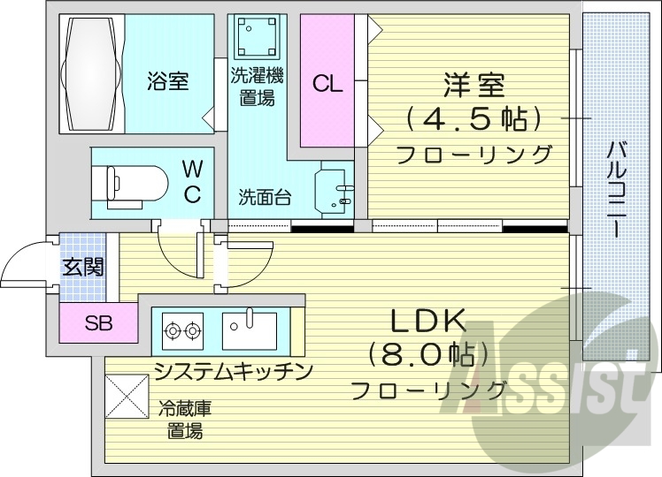 1LDK、都市ガス、エアコン、システムキッチン、ネット無料