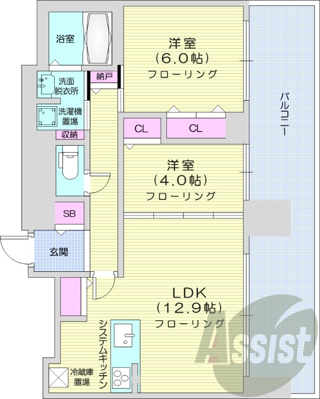 2LDK、分譲、都市ガス、追い焚き、床暖房、エアコン