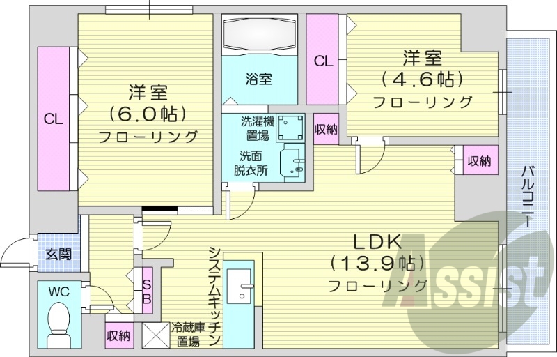 2LDK、エレベーター、灯油暖房、オートロック、ネット無料