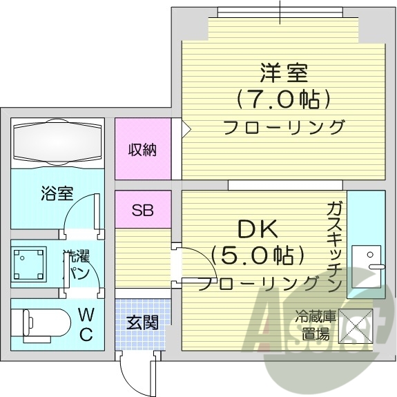 1DK、角部屋、灯油暖房、バストイレ別、収納