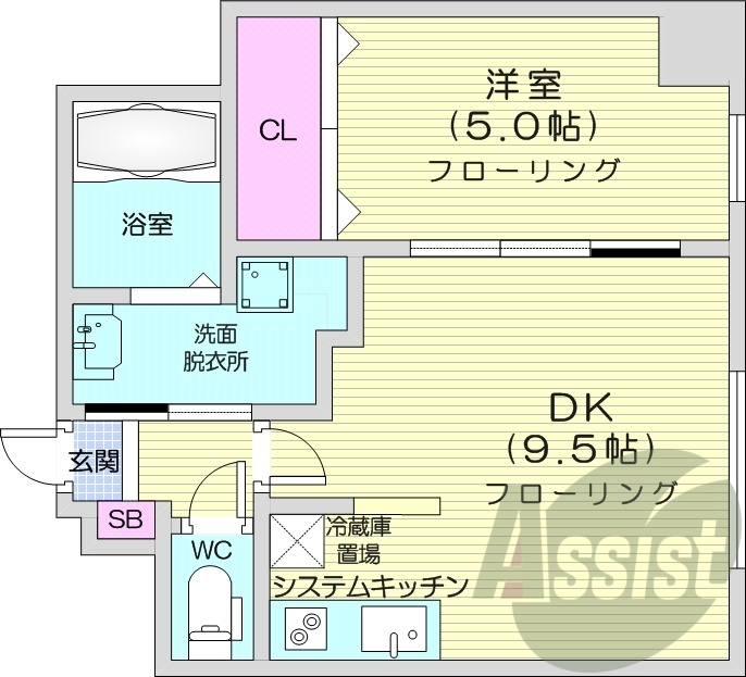 1LDK、角部屋、バストイレ別、エアコン