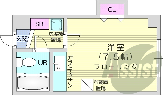 ワンルーム、収納、ガスキッチン、室内洗濯機置場