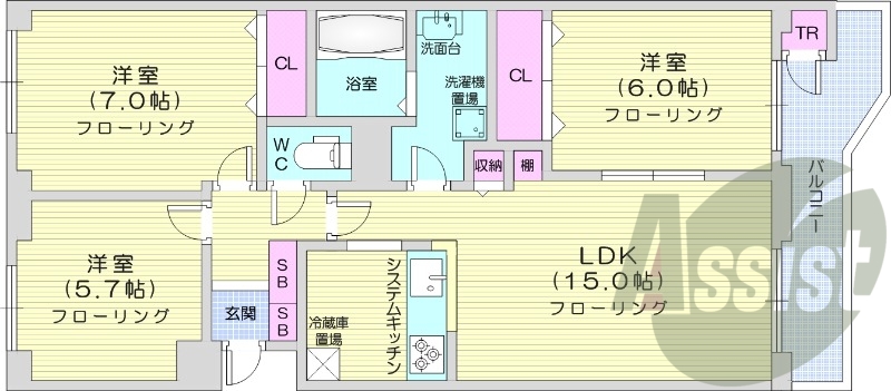 3LDK、エアコン、トランクルーム、都市ガス