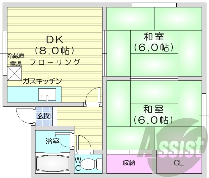 2DK、灯油暖房、トランクルーム、バストイレ別