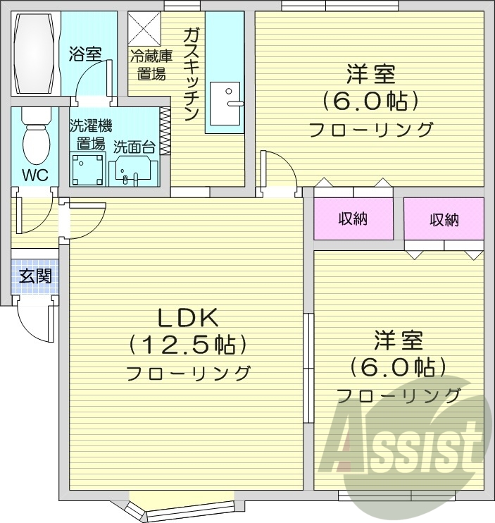 2LDK、灯油暖房、インターホン、バストイレ別