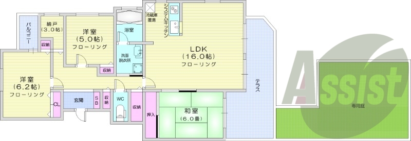 3LDK、独立洗面台、システムキッチン、追い焚き、灯油暖房