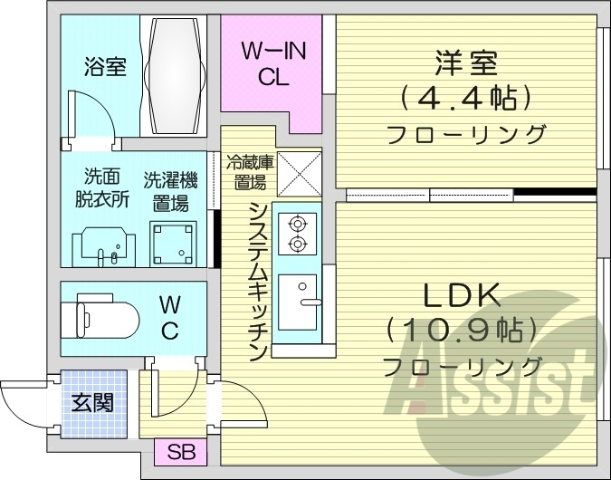 1LDK、エアコン、システムキッチン、独立洗面台