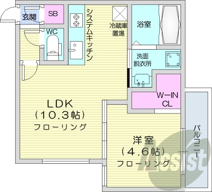1LDK、エアコン、浴室乾燥機、システムキッチン