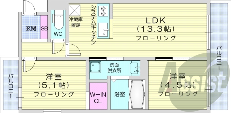 2LDK、エアコン、浴室乾燥機、システムキッチン