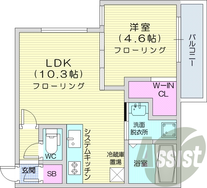 1LDK、エアコン、浴室乾燥機、システムキッチン