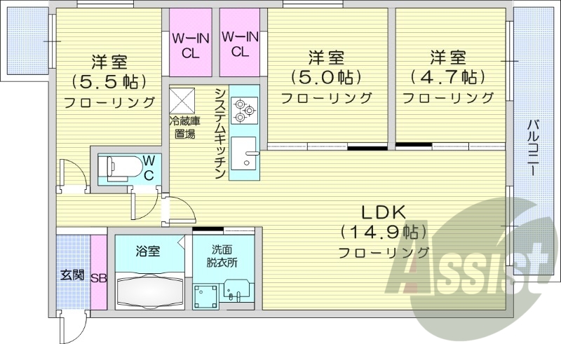 3LDK、エアコン、浴室乾燥機、システムキッチン