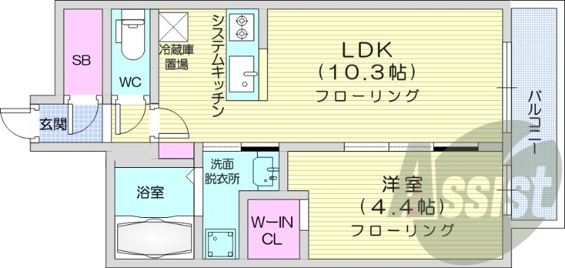 1LDK、エアコン、浴室乾燥機、システムキッチン