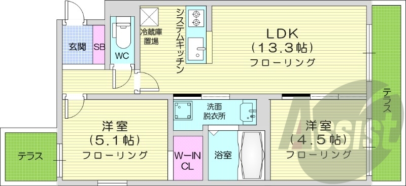 2LDK、エアコン、浴室乾燥機、システムキッチン