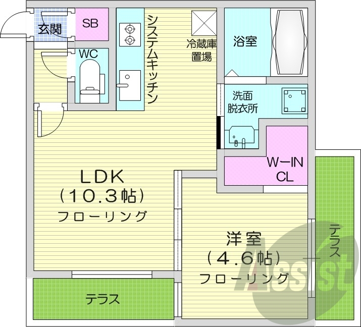 1LDK、エアコン、浴室乾燥機、システムキッチン