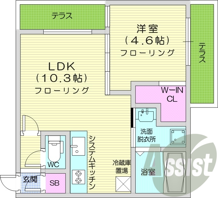 1LDK、エアコン、浴室乾燥機、システムキッチン