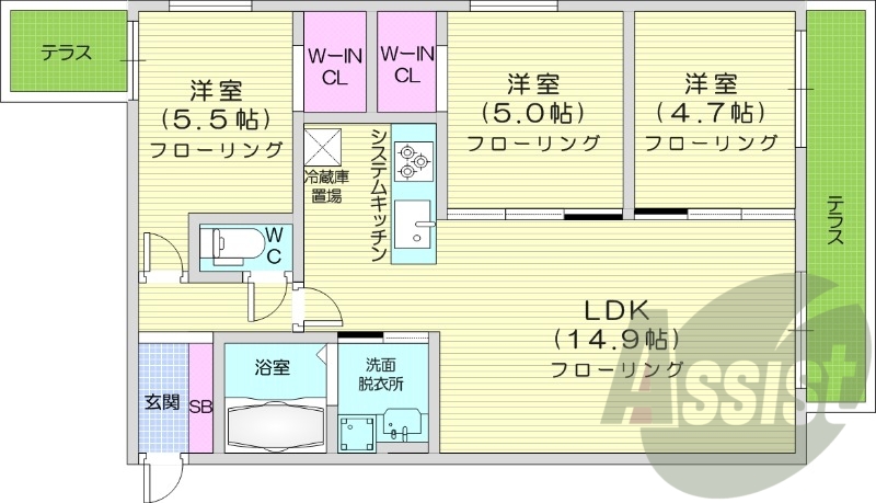 3LDK、エアコン、浴室乾燥機、システムキッチン