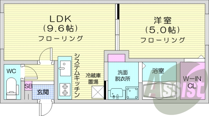 1LDK、都市ガス、エアコン、システムキッチン、浴室乾燥機
