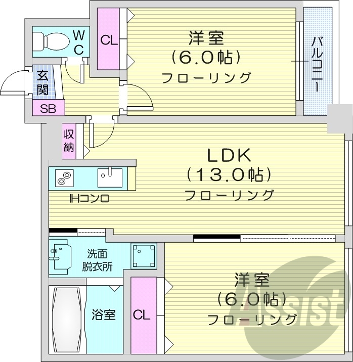 2LDK、クローゼット、シューズボックス、システムキッチン