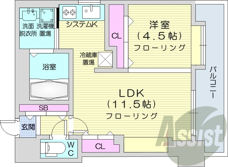 1LDK、都市ガス、追い焚き、エアコン、システムキッチン