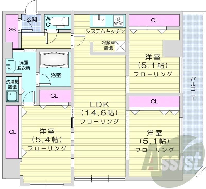 3LDK、都市ガス、追い炊き、システムキッチン、エレベーター