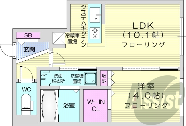 1LDK、システムキッチン、エアコン、ネット無料