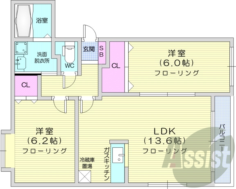2LDK、対面キッチン、独立洗面台、バルコニー