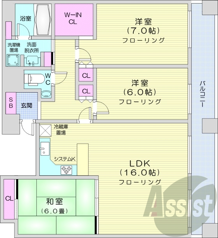3LDK、都市ガス、エアコン、システムキッチン、独立洗面台