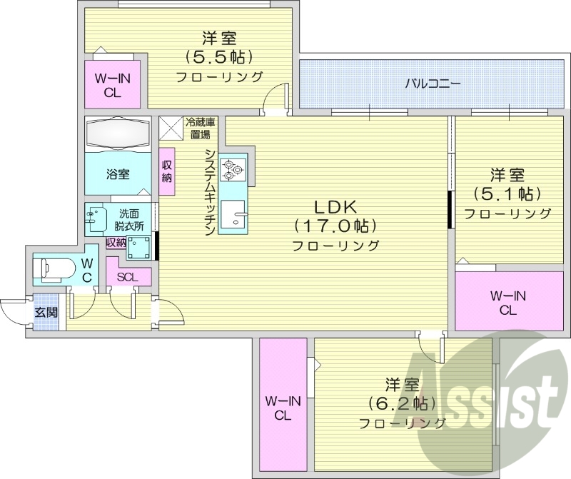 3LDK、エアコン、システムキッチン、独立洗面台