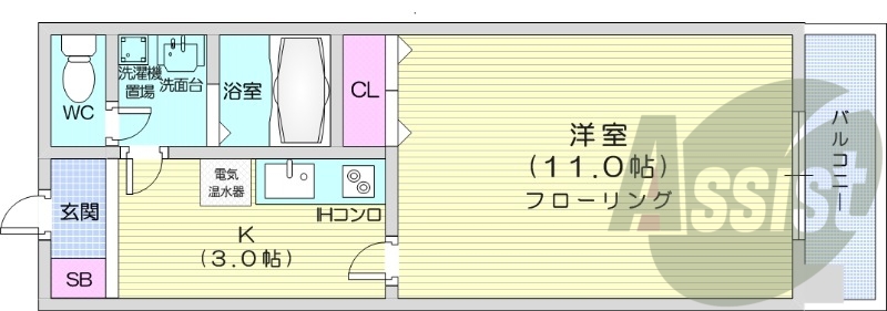 1K、暖房設備、収納、洗濯機置場、オール電化