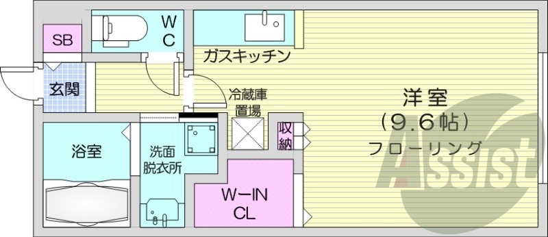 1K、エアコン、都市ガス、浴室乾燥機、ネット無料