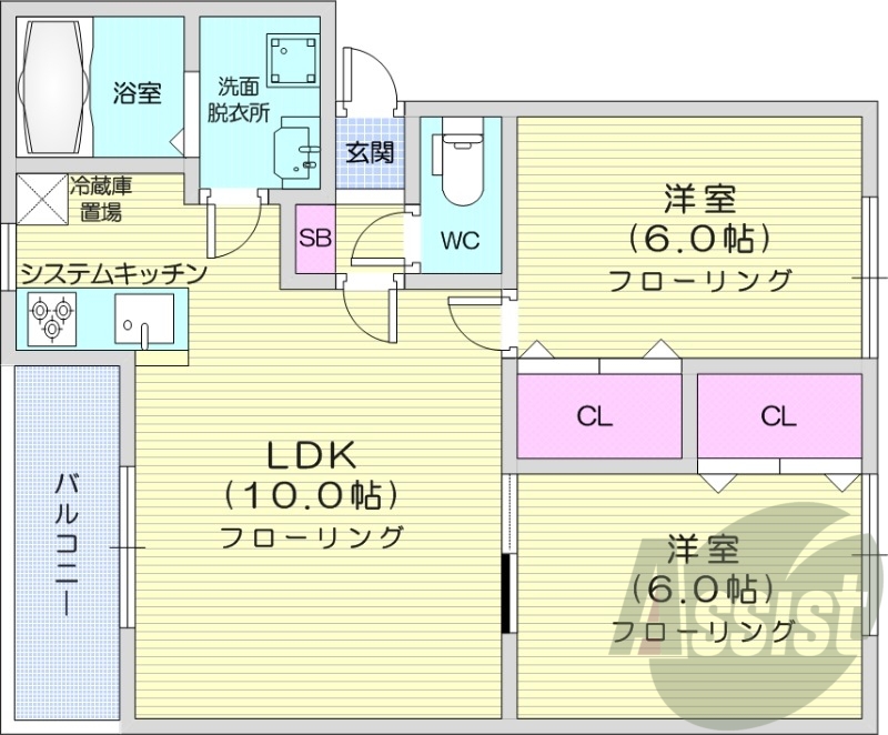 2LDK、シャワートイレ、独立洗面台、システムキッチン