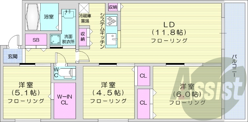 3LDK、エアコン、都市ガス、追い焚き