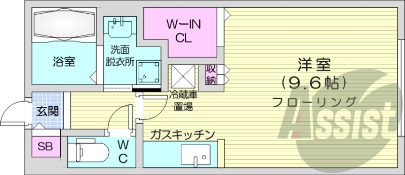 1K、エアコン、都市ガス、浴室乾燥機、ネット無料
