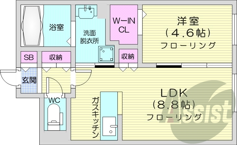 1LDK、エアコン、都市ガス、浴室乾燥機